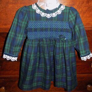 LITTLE BITTY 2T Navy Blue Green Plaid Smocked Dress Lace Collar Fall Boutique